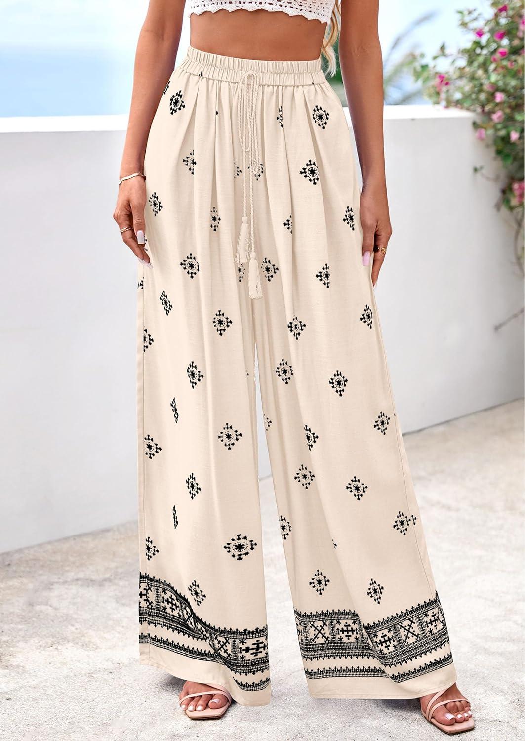imagePRETTYGARDEN Womens Wide Leg Palazzo Pants 2026 Summer Boho Floral Trousers Spring Flowy Beach Vacation Clothes Resort WearApricot Black
