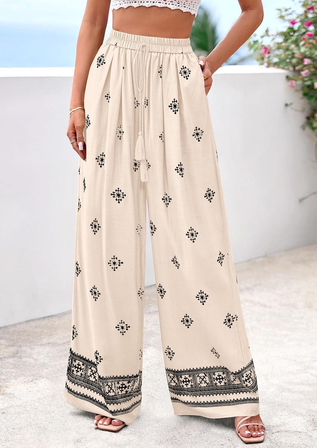 imagePRETTYGARDEN Womens Wide Leg Palazzo Pants 2026 Summer Boho Floral Trousers Spring Flowy Beach Vacation Clothes Resort WearApricot Black