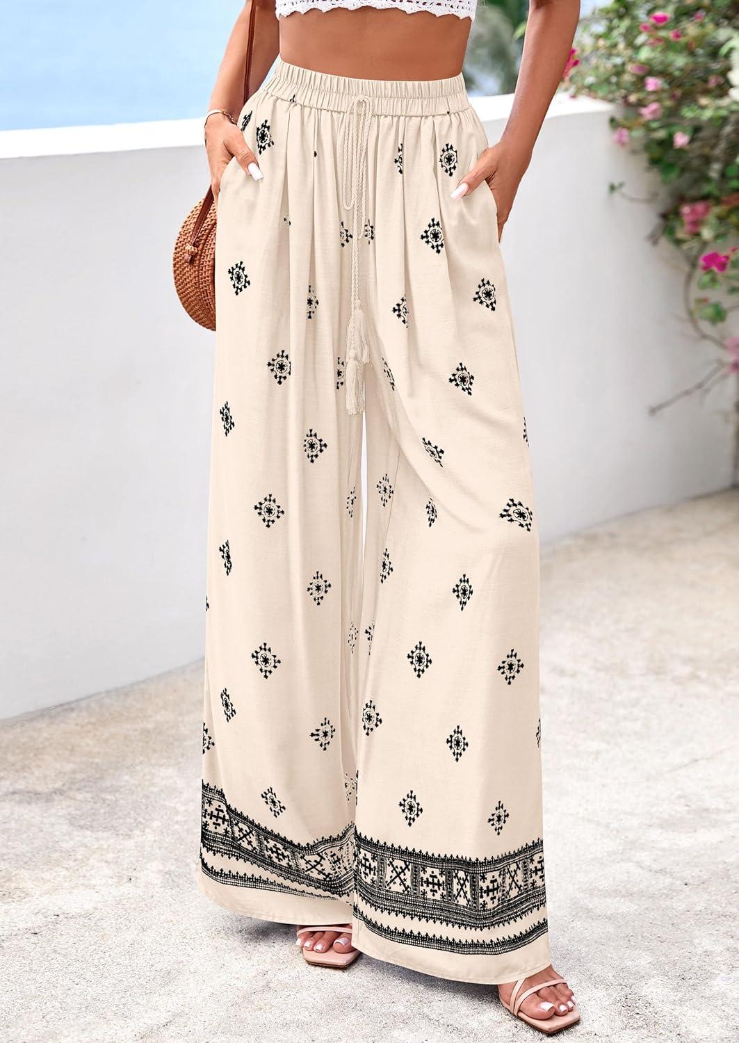 imagePRETTYGARDEN Womens Wide Leg Palazzo Pants 2026 Summer Boho Floral Trousers Spring Flowy Beach Vacation Clothes Resort WearApricot Black