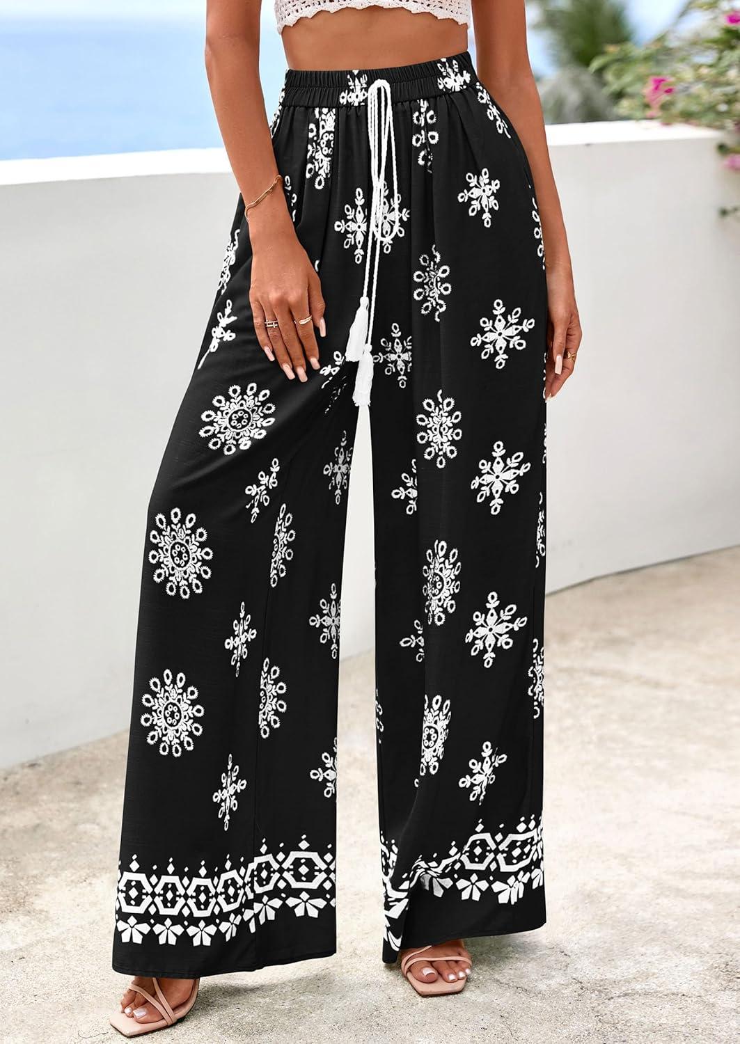 imagePRETTYGARDEN Womens Wide Leg Palazzo Pants 2026 Summer Boho Floral Trousers Spring Flowy Beach Vacation Clothes Resort WearBlack