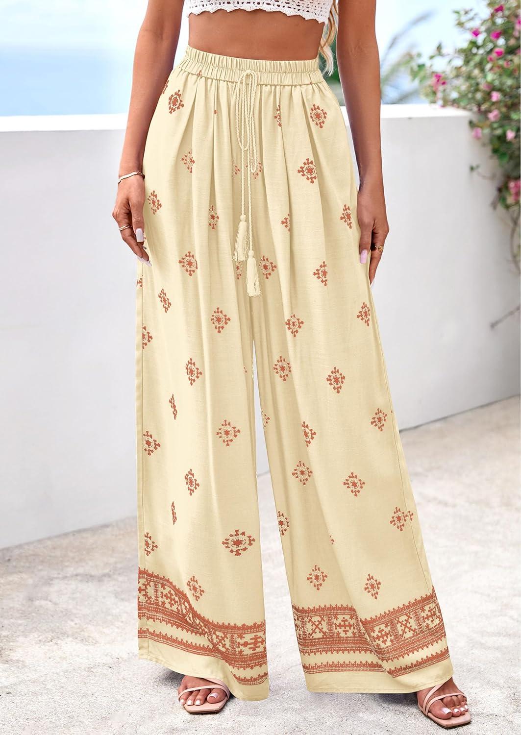 imagePRETTYGARDEN Womens Wide Leg Palazzo Pants 2026 Summer Boho Floral Trousers Spring Flowy Beach Vacation Clothes Resort WearLight Yellow Brick Red