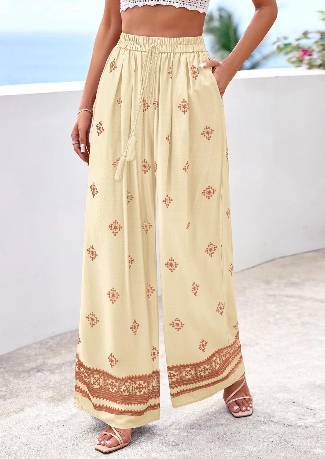 imagePRETTYGARDEN Womens Wide Leg Palazzo Pants 2026 Summer Boho Floral Trousers Spring Flowy Beach Vacation Clothes Resort WearLight Yellow Brick Red