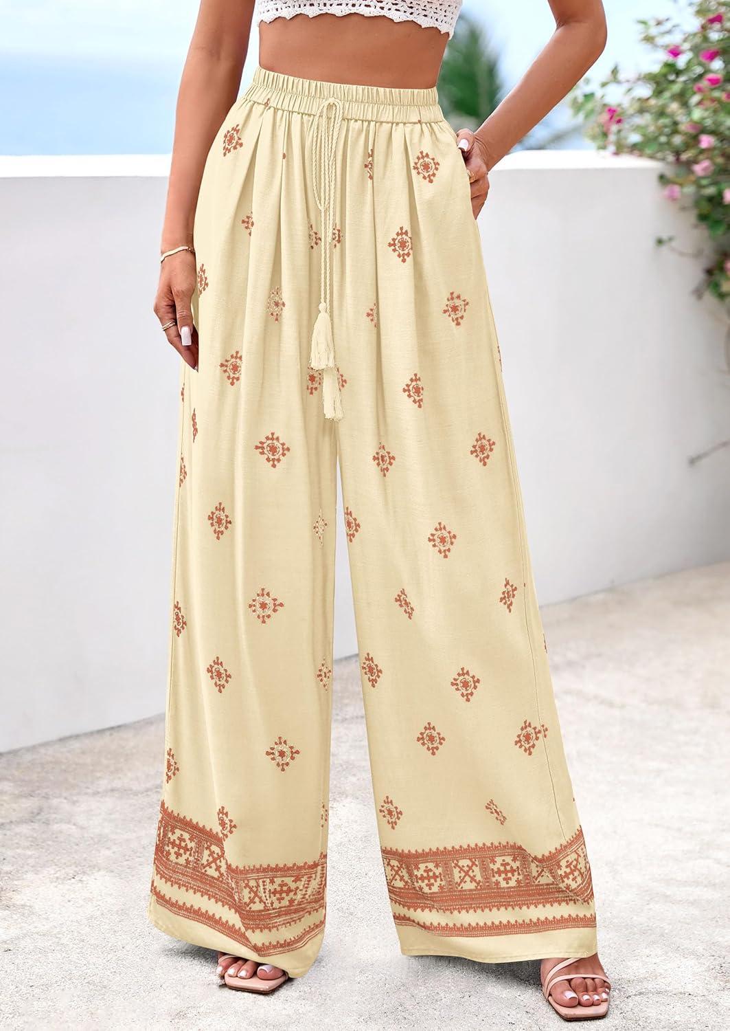 imagePRETTYGARDEN Womens Wide Leg Palazzo Pants 2026 Summer Boho Floral Trousers Spring Flowy Beach Vacation Clothes Resort WearLight Yellow Brick Red