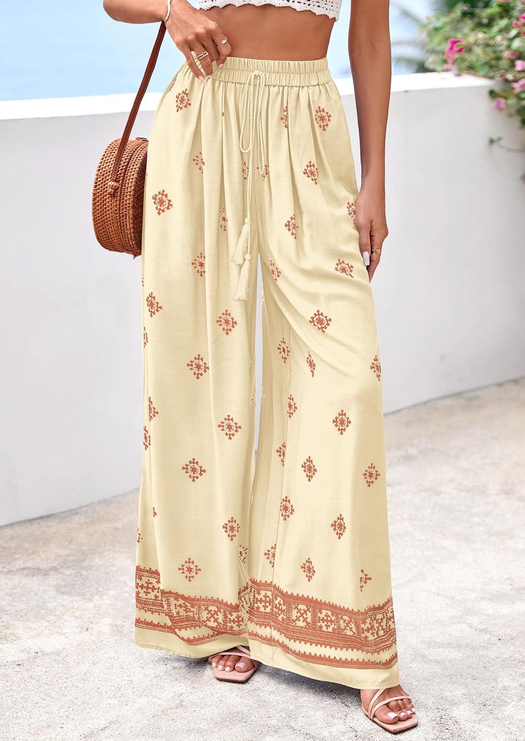 imagePRETTYGARDEN Womens Wide Leg Palazzo Pants 2026 Summer Boho Floral Trousers Spring Flowy Beach Vacation Clothes Resort WearLight Yellow Brick Red