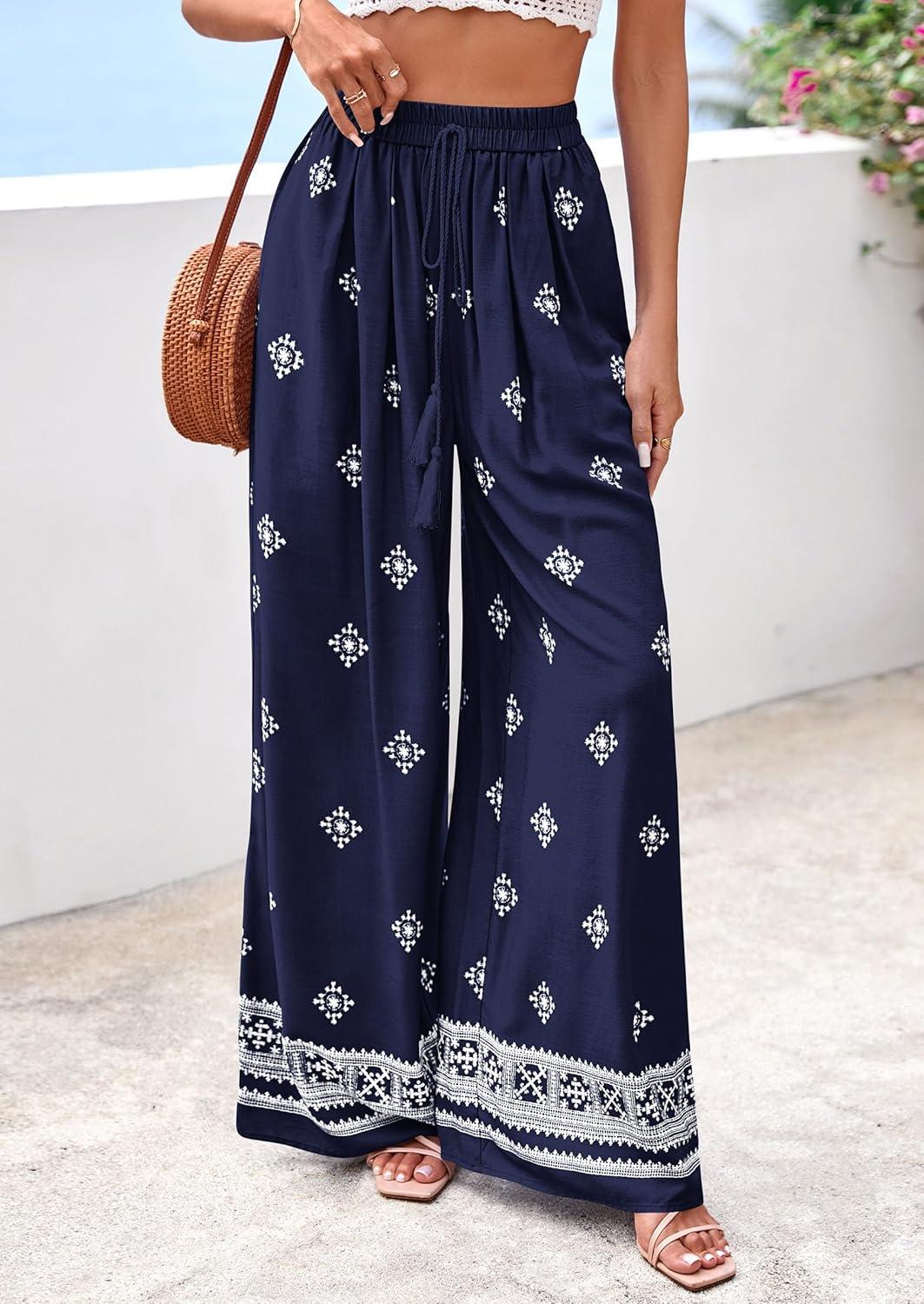 imagePRETTYGARDEN Womens Wide Leg Palazzo Pants 2026 Summer Boho Floral Trousers Spring Flowy Beach Vacation Clothes Resort WearNavy Blue