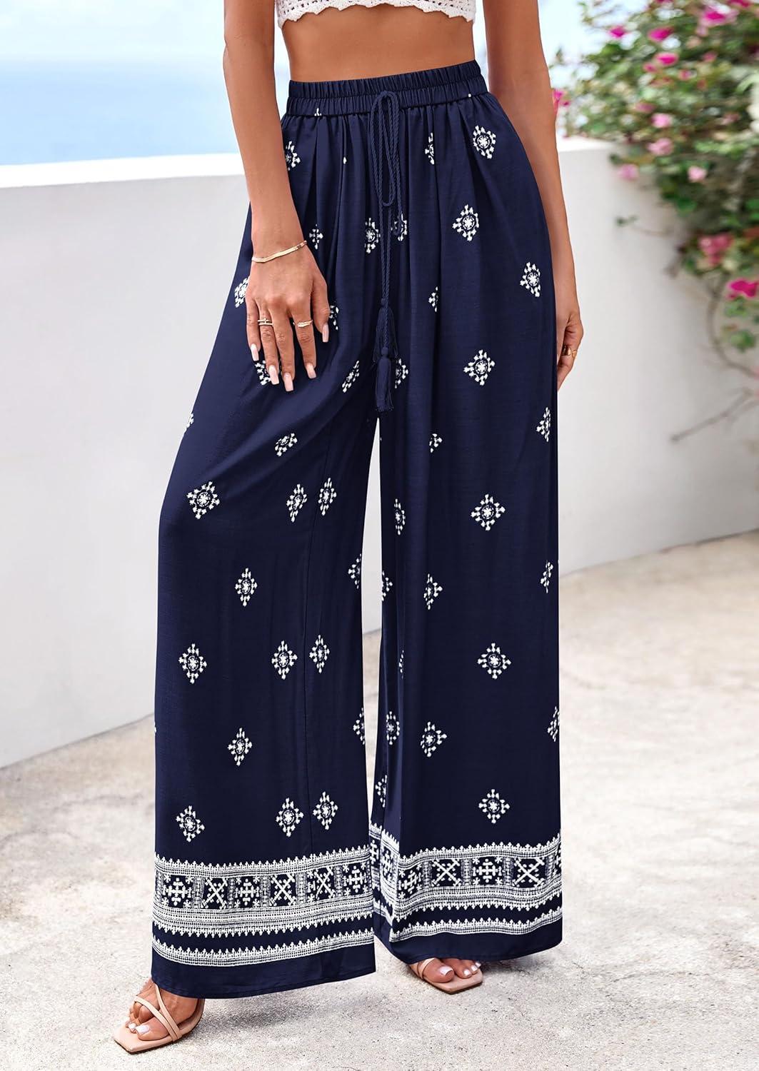 imagePRETTYGARDEN Womens Wide Leg Palazzo Pants 2026 Summer Boho Floral Trousers Spring Flowy Beach Vacation Clothes Resort WearNavy Blue