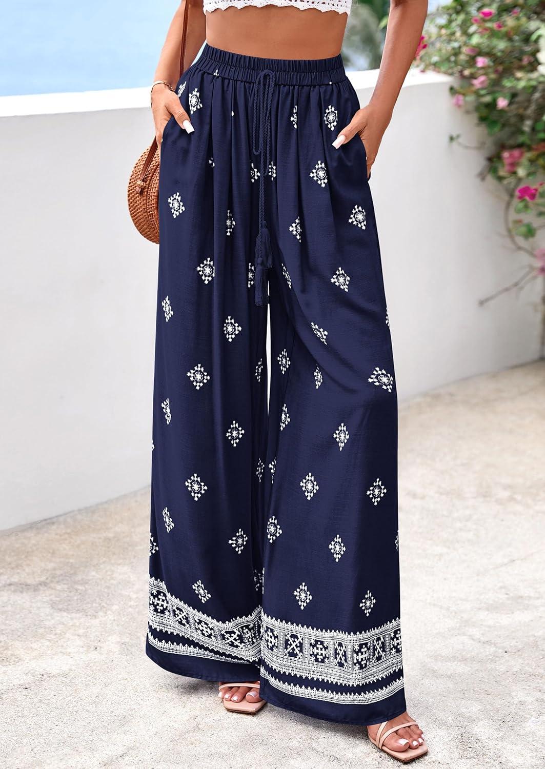 imagePRETTYGARDEN Womens Wide Leg Palazzo Pants 2026 Summer Boho Floral Trousers Spring Flowy Beach Vacation Clothes Resort WearNavy Blue