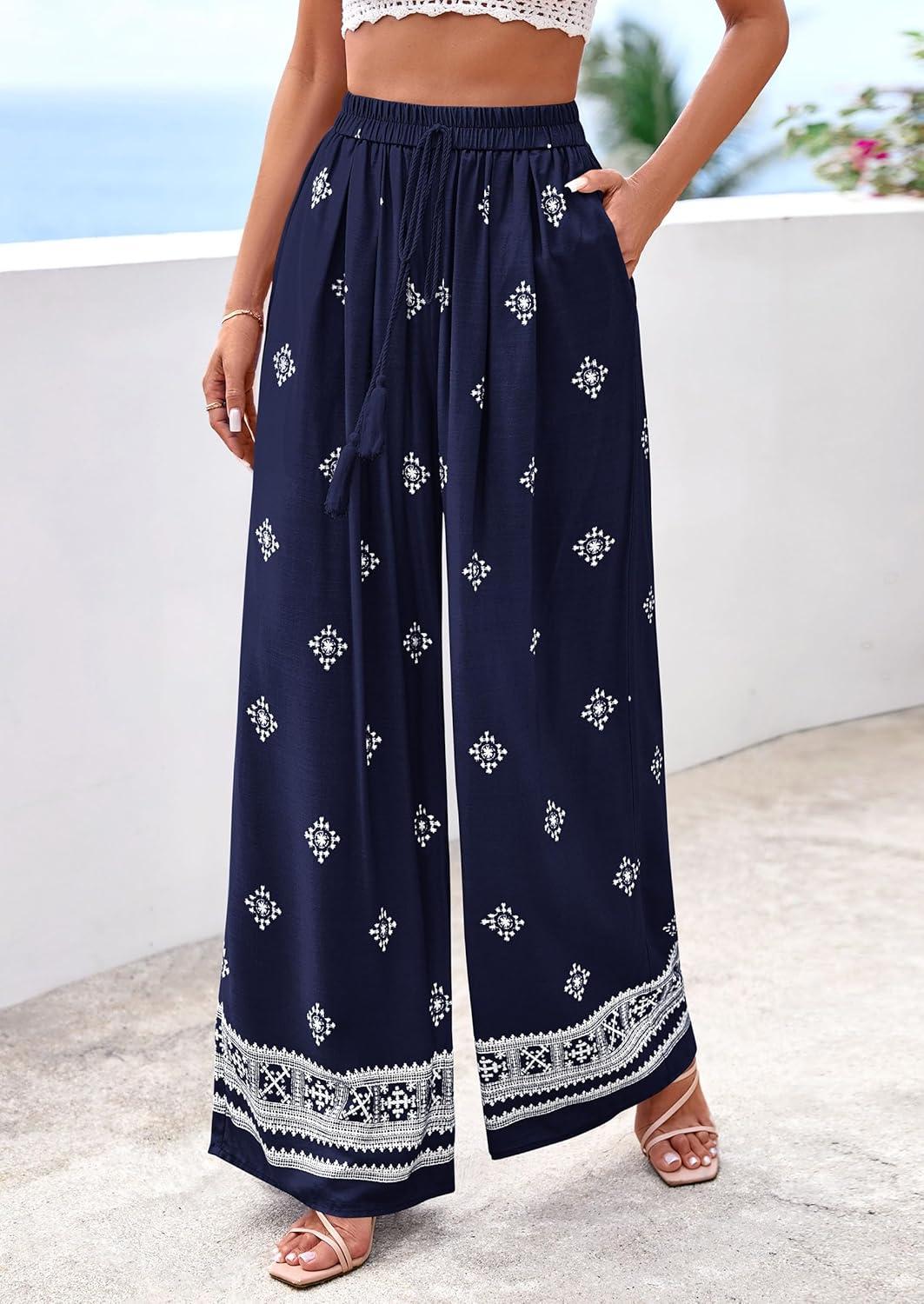 imagePRETTYGARDEN Womens Wide Leg Palazzo Pants 2026 Summer Boho Floral Trousers Spring Flowy Beach Vacation Clothes Resort WearNavy Blue