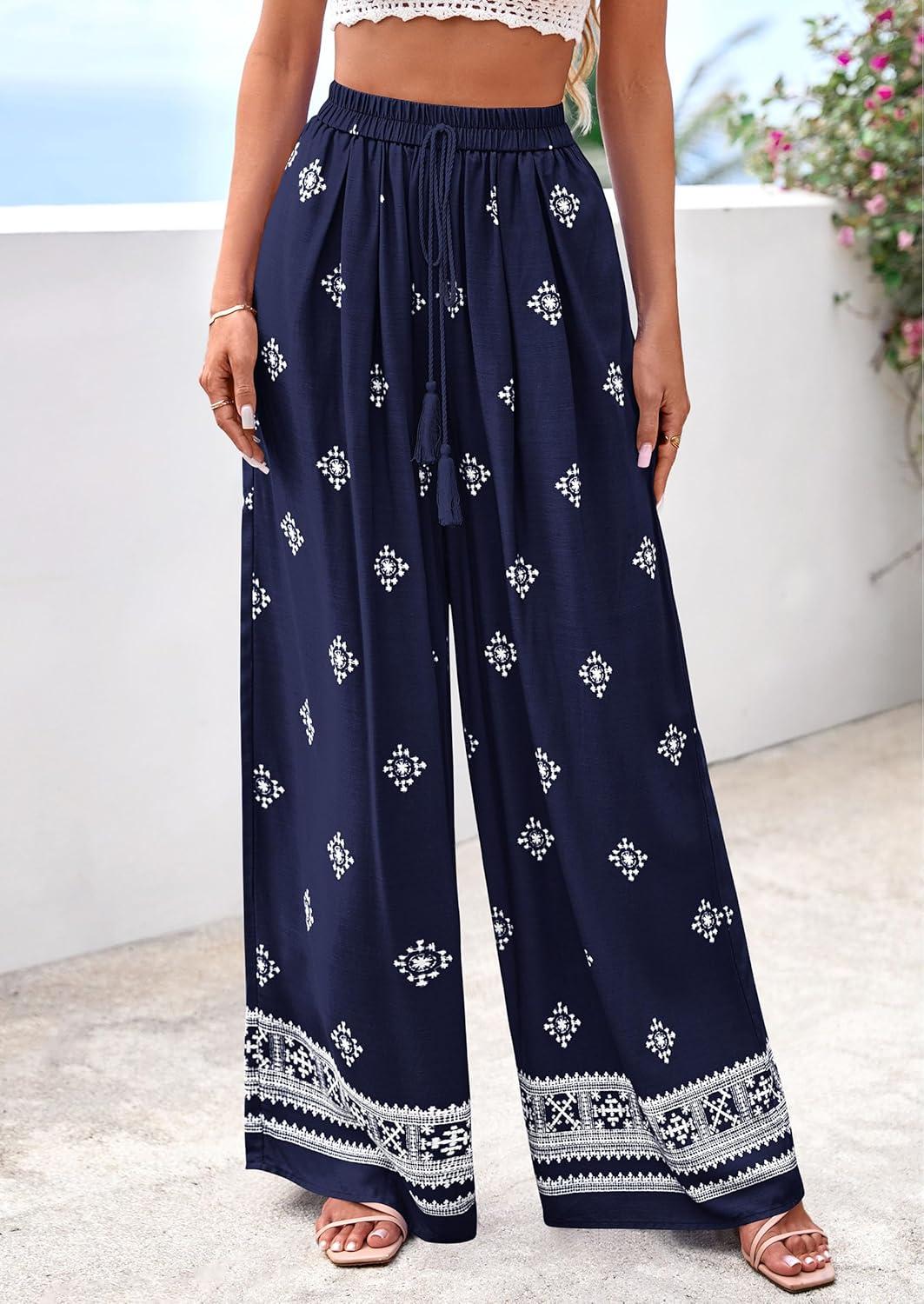 imagePRETTYGARDEN Womens Wide Leg Palazzo Pants 2026 Summer Boho Floral Trousers Spring Flowy Beach Vacation Clothes Resort WearNavy Blue