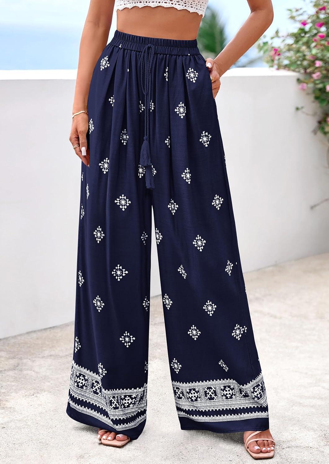 imagePRETTYGARDEN Womens Wide Leg Palazzo Pants 2026 Summer Boho Floral Trousers Spring Flowy Beach Vacation Clothes Resort WearNavy Blue