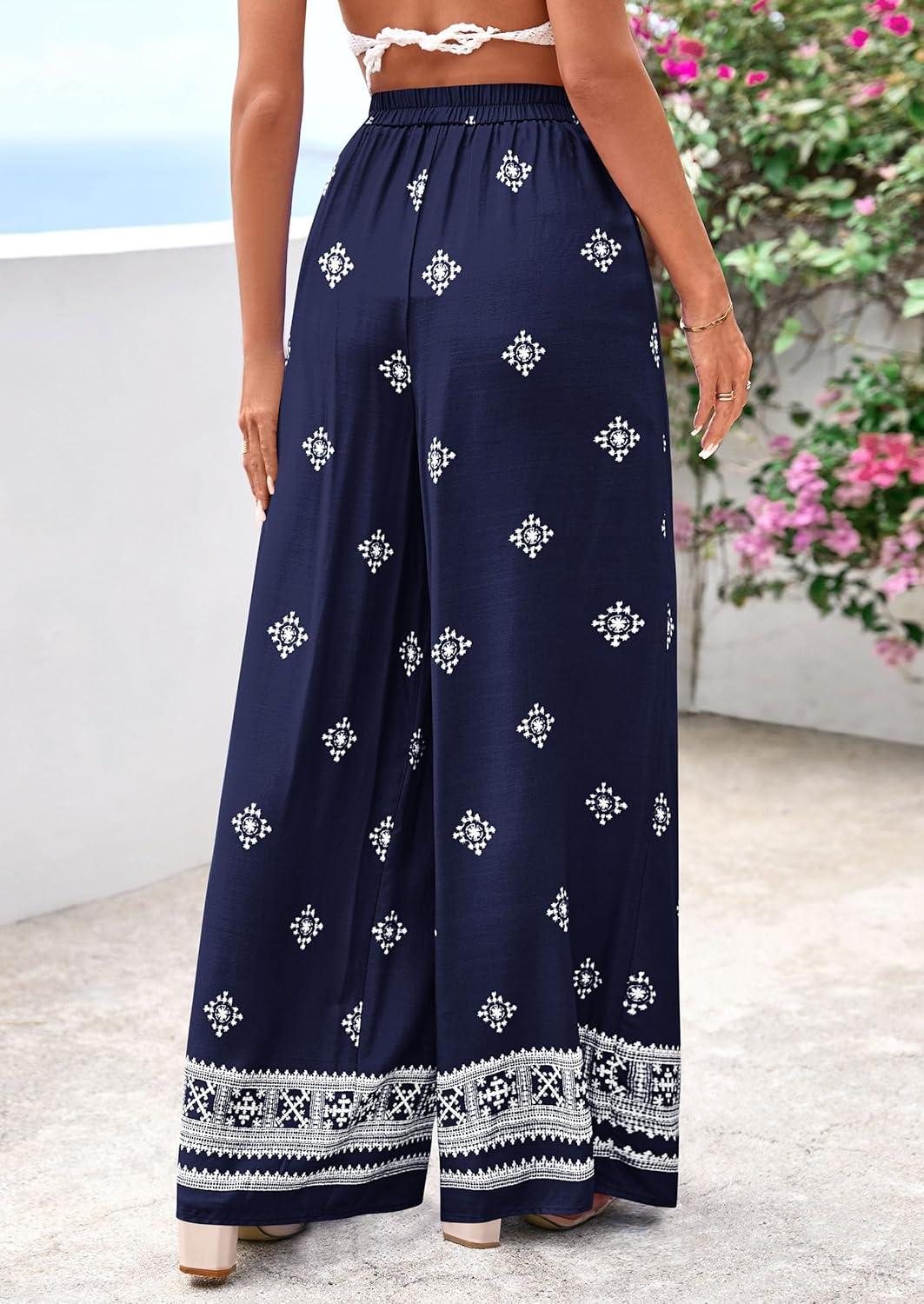 imagePRETTYGARDEN Womens Wide Leg Palazzo Pants 2026 Summer Boho Floral Trousers Spring Flowy Beach Vacation Clothes Resort WearNavy Blue