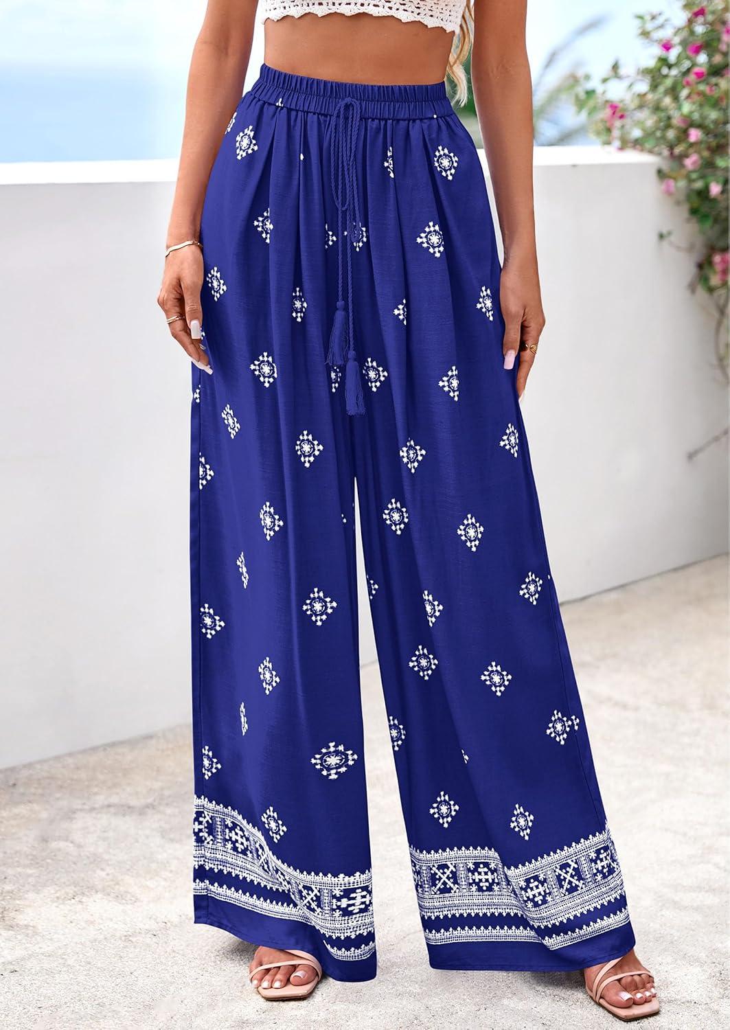imagePRETTYGARDEN Womens Wide Leg Palazzo Pants 2026 Summer Boho Floral Trousers Spring Flowy Beach Vacation Clothes Resort WearRoyal Blue