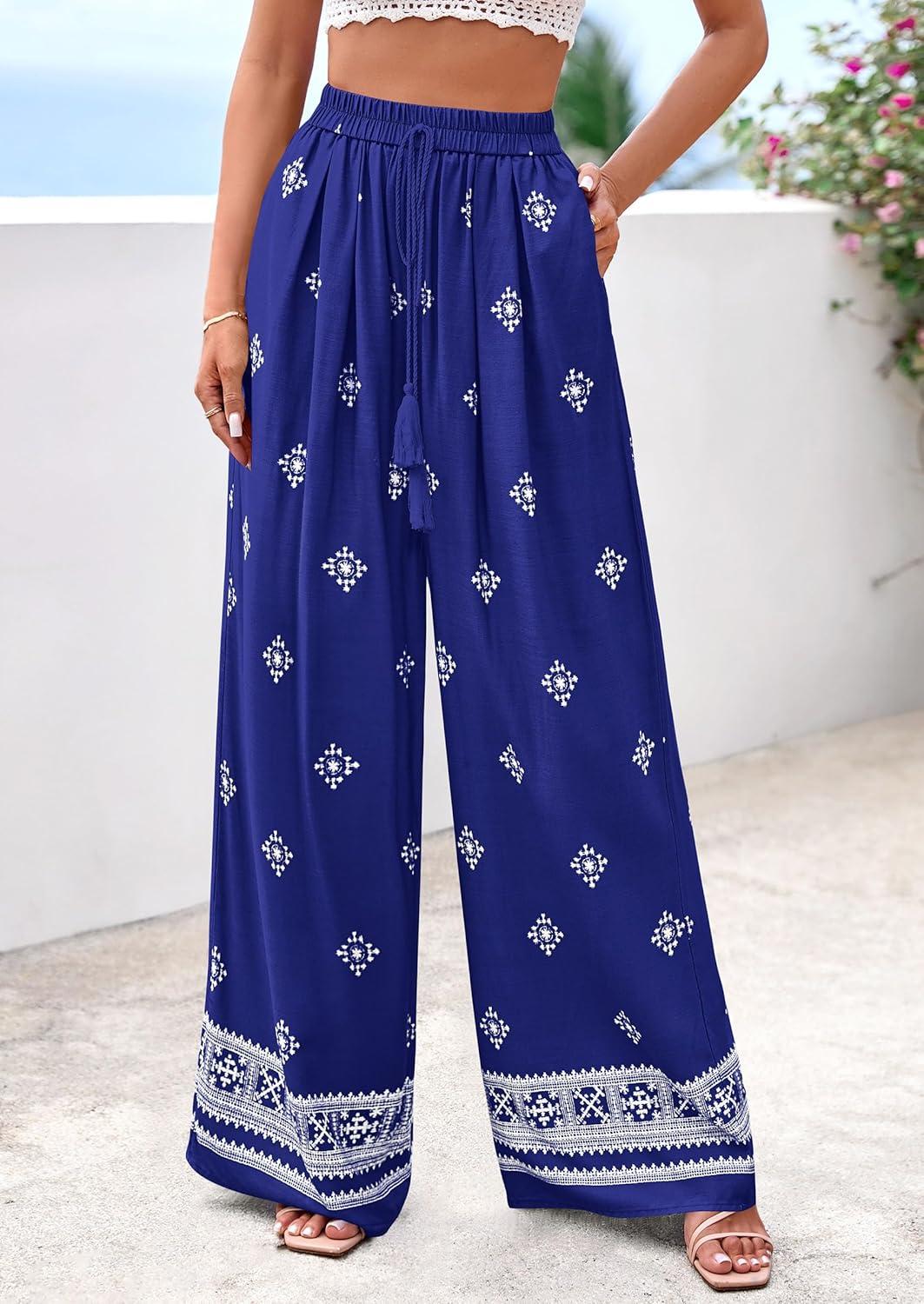 imagePRETTYGARDEN Womens Wide Leg Palazzo Pants 2026 Summer Boho Floral Trousers Spring Flowy Beach Vacation Clothes Resort WearRoyal Blue