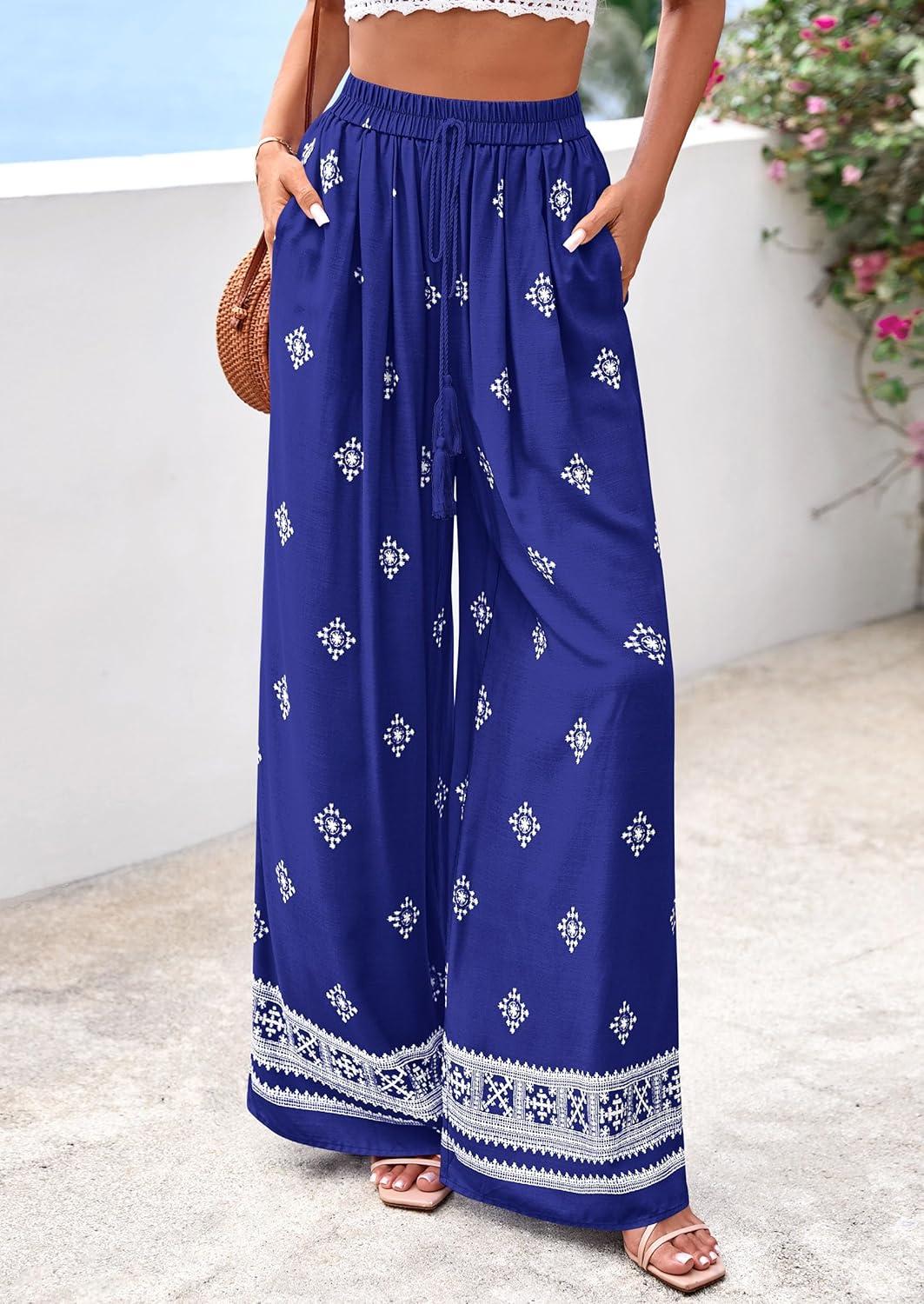 imagePRETTYGARDEN Womens Wide Leg Palazzo Pants 2026 Summer Boho Floral Trousers Spring Flowy Beach Vacation Clothes Resort WearRoyal Blue