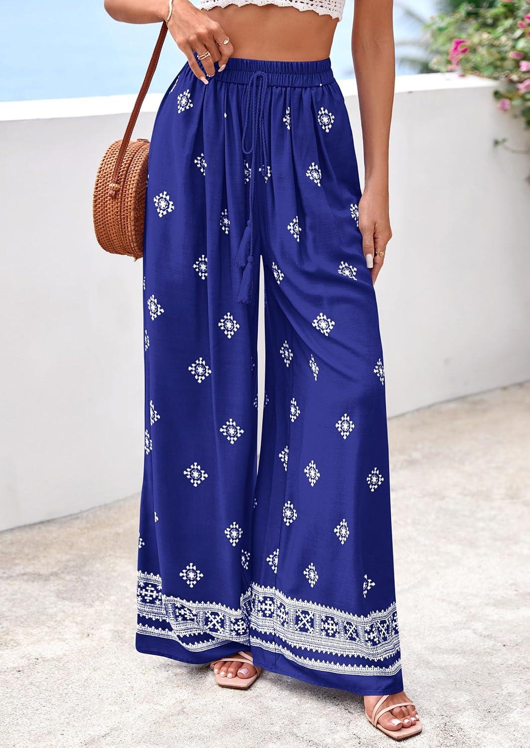 imagePRETTYGARDEN Womens Wide Leg Palazzo Pants 2026 Summer Boho Floral Trousers Spring Flowy Beach Vacation Clothes Resort WearRoyal Blue