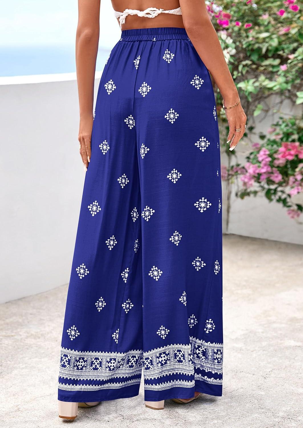 imagePRETTYGARDEN Womens Wide Leg Palazzo Pants 2026 Summer Boho Floral Trousers Spring Flowy Beach Vacation Clothes Resort WearRoyal Blue