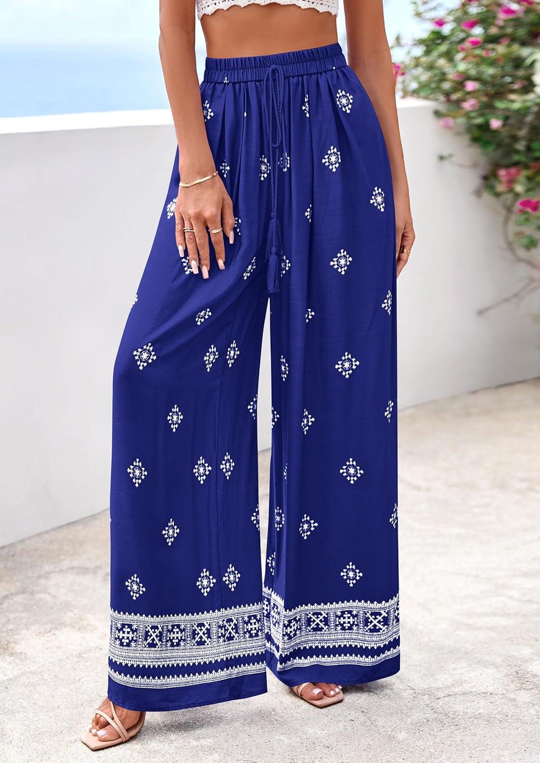 imagePRETTYGARDEN Womens Wide Leg Palazzo Pants 2026 Summer Boho Floral Trousers Spring Flowy Beach Vacation Clothes Resort WearRoyal Blue