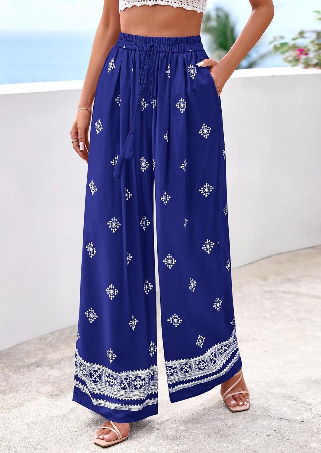 imagePRETTYGARDEN Womens Wide Leg Palazzo Pants 2026 Summer Boho Floral Trousers Spring Flowy Beach Vacation Clothes Resort WearRoyal Blue