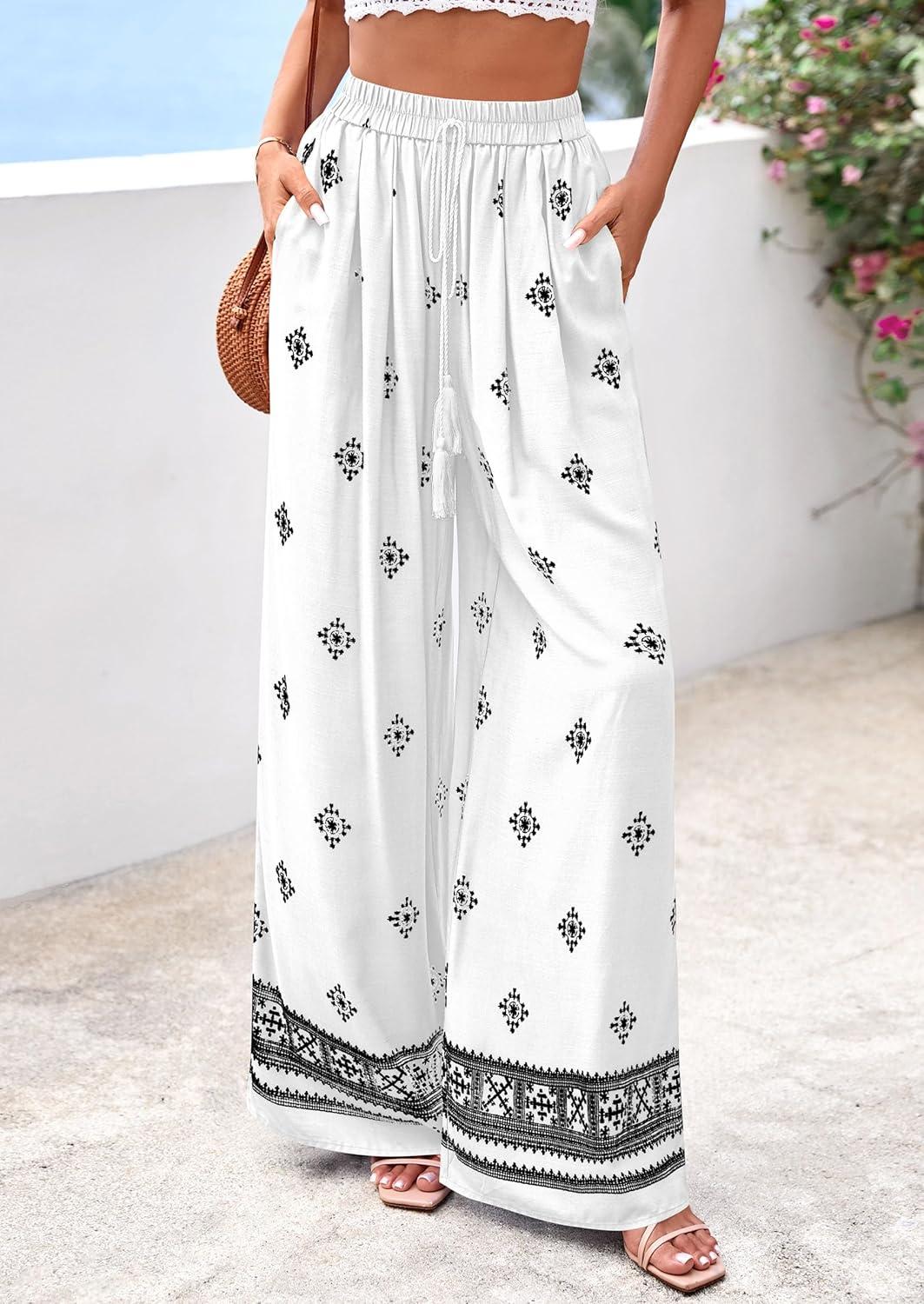 imagePRETTYGARDEN Womens Wide Leg Palazzo Pants 2026 Summer Boho Floral Trousers Spring Flowy Beach Vacation Clothes Resort WearWhite Black
