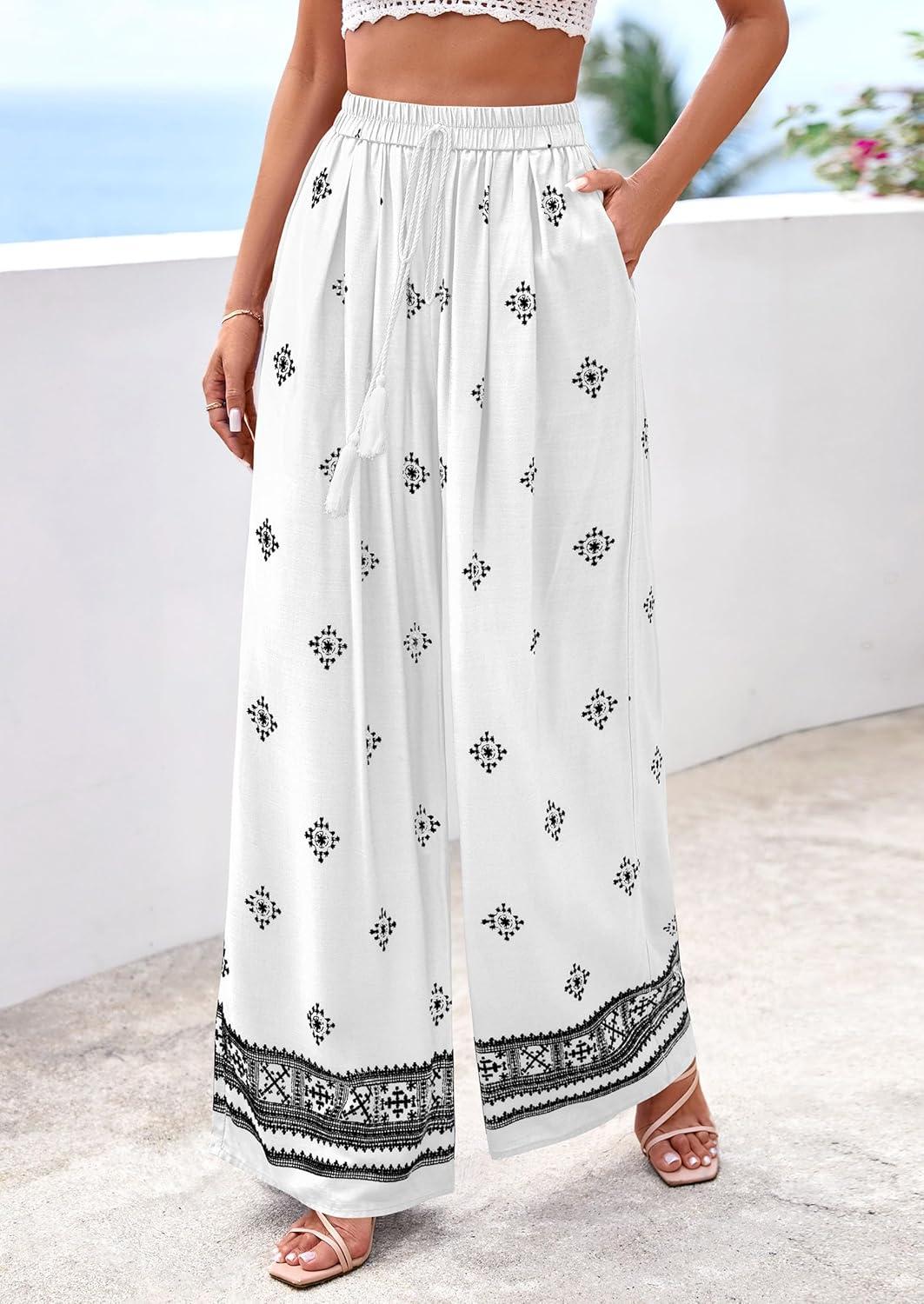 imagePRETTYGARDEN Womens Wide Leg Palazzo Pants 2026 Summer Boho Floral Trousers Spring Flowy Beach Vacation Clothes Resort WearWhite Black
