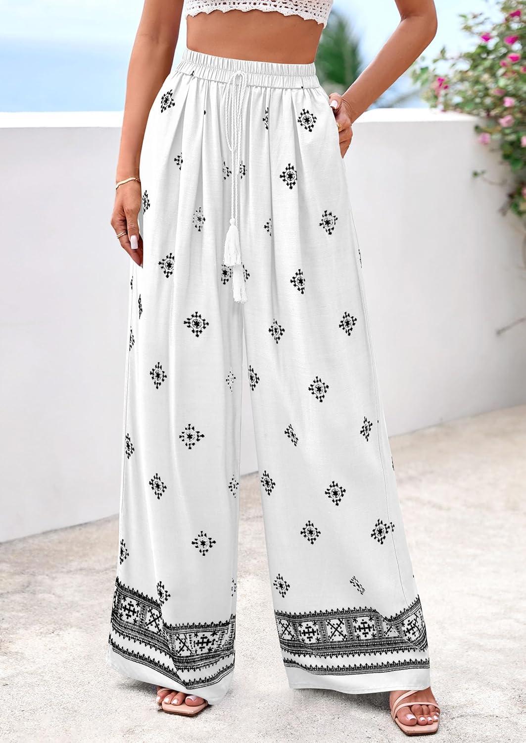 imagePRETTYGARDEN Womens Wide Leg Palazzo Pants 2026 Summer Boho Floral Trousers Spring Flowy Beach Vacation Clothes Resort WearWhite Black