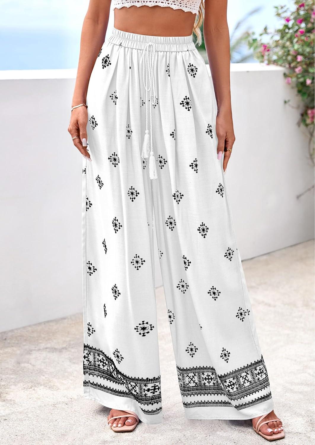 imagePRETTYGARDEN Womens Wide Leg Palazzo Pants 2026 Summer Boho Floral Trousers Spring Flowy Beach Vacation Clothes Resort WearWhite Black