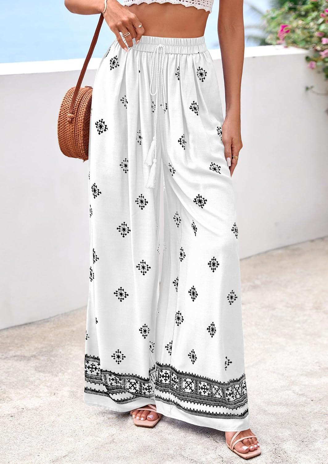 imagePRETTYGARDEN Womens Wide Leg Palazzo Pants 2026 Summer Boho Floral Trousers Spring Flowy Beach Vacation Clothes Resort WearWhite Black
