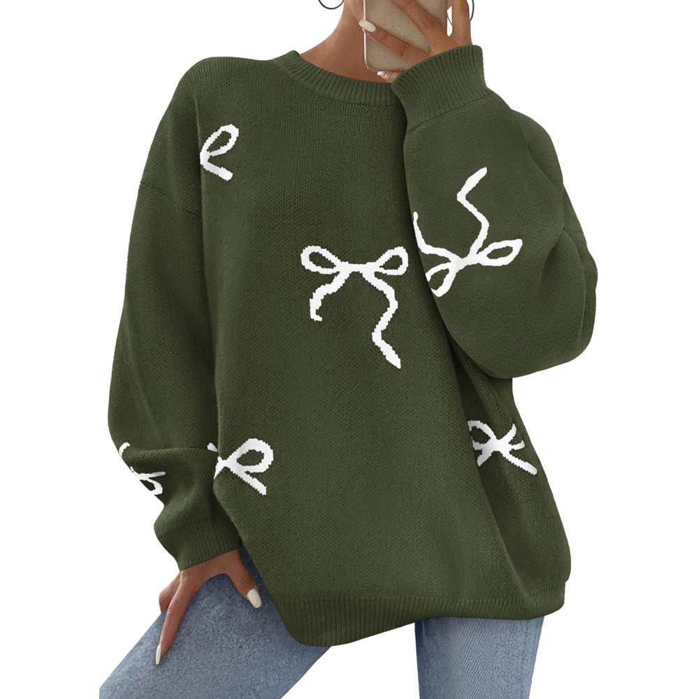 imagePRETTYGARDEN Fall Long Sleeve Pullover Sweaters for Women 2026 Trendy Crewneck Casual Cute Bow Chunky Knit Oversized SweaterArmy Green