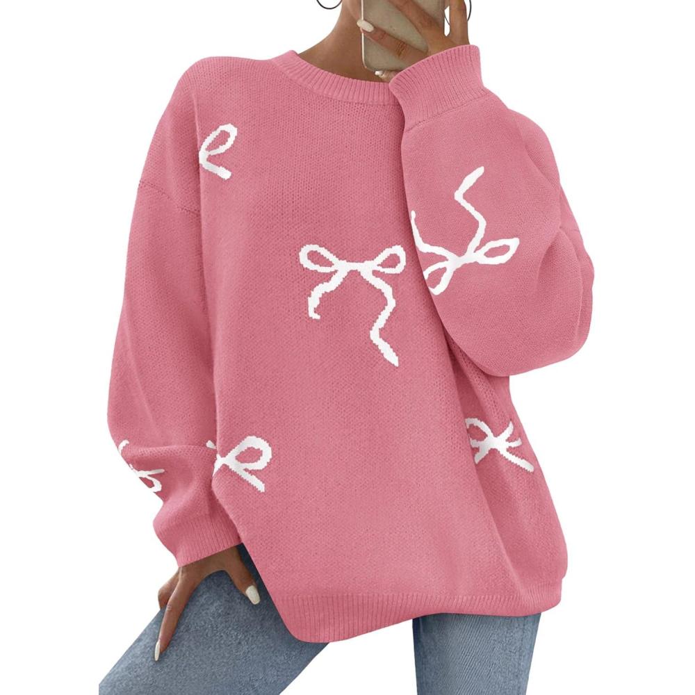 imagePRETTYGARDEN Fall Long Sleeve Pullover Sweaters for Women 2026 Trendy Crewneck Casual Cute Bow Chunky Knit Oversized SweaterDusty Pink