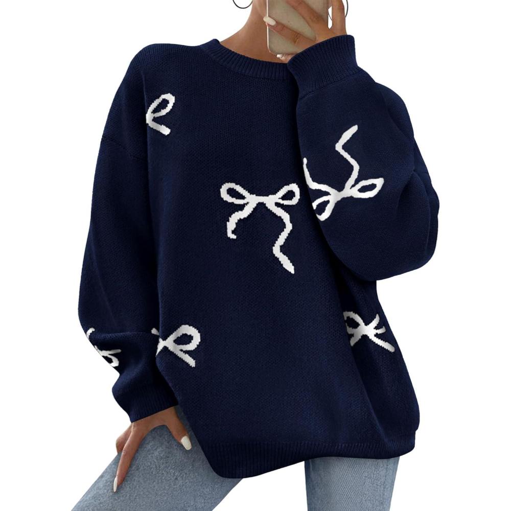 imagePRETTYGARDEN Fall Long Sleeve Pullover Sweaters for Women 2026 Trendy Crewneck Casual Cute Bow Chunky Knit Oversized SweaterNavy Blue