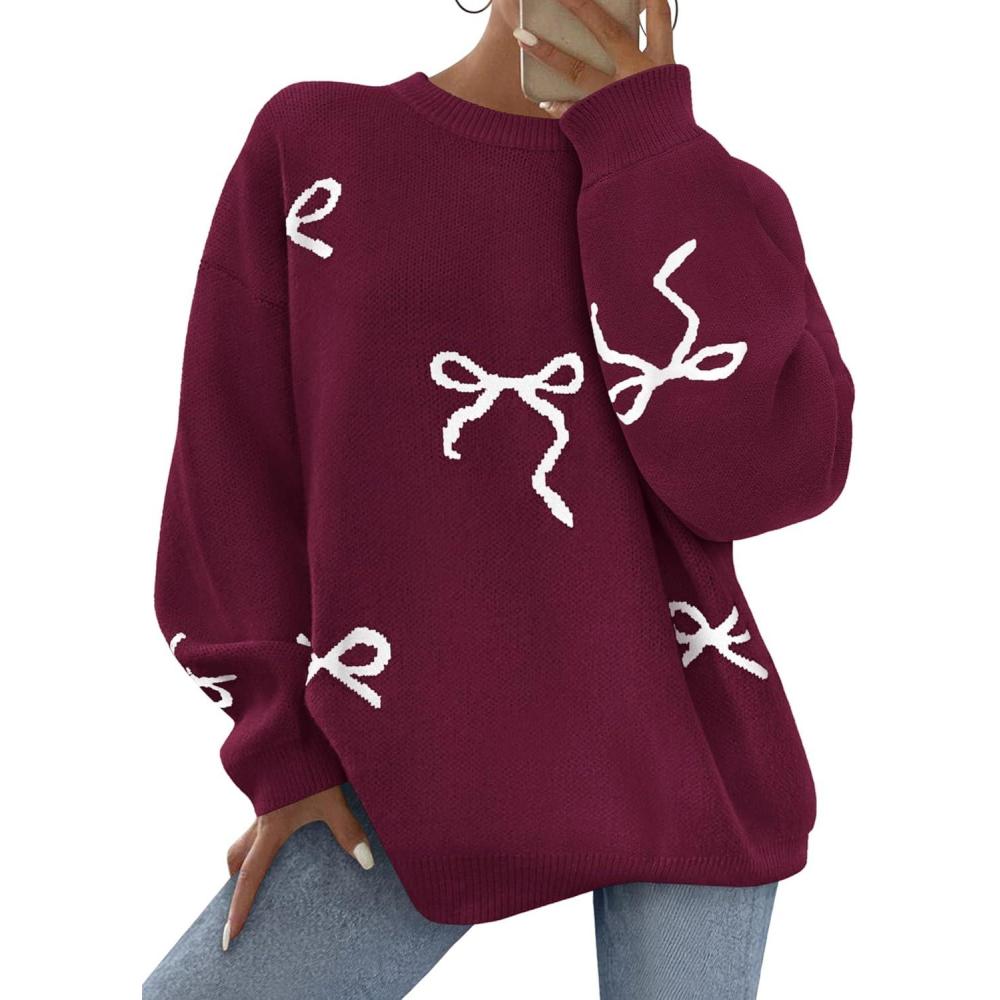 imagePRETTYGARDEN Fall Long Sleeve Pullover Sweaters for Women 2026 Trendy Crewneck Casual Cute Bow Chunky Knit Oversized SweaterWine Red