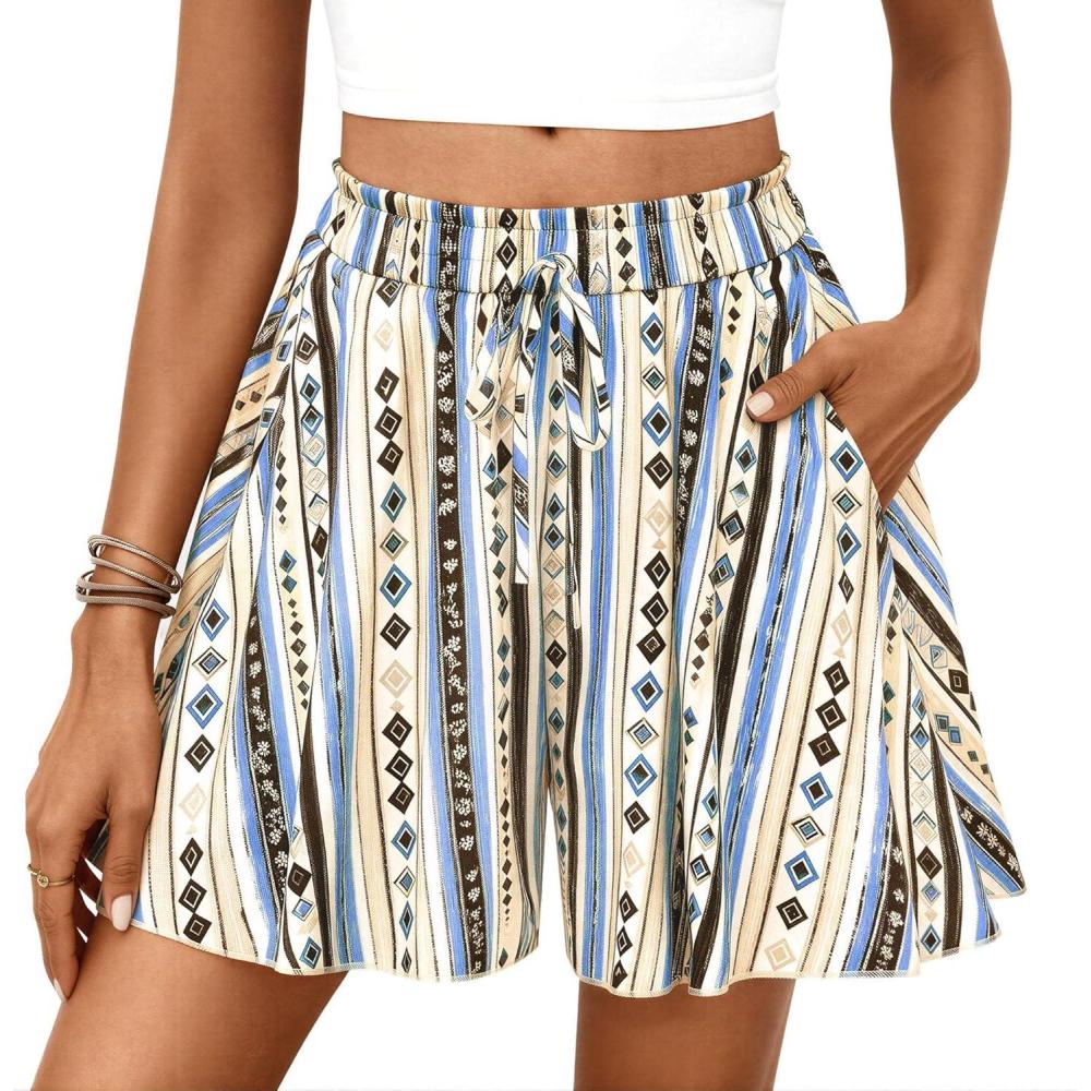 imagePRETTYGARDEN Womens Flowy Shorts Summer Fashion 2026 Beach Vacation Clothes Casual High Waist Wide Leg Ruffle ShortsPrint Blue Apricot