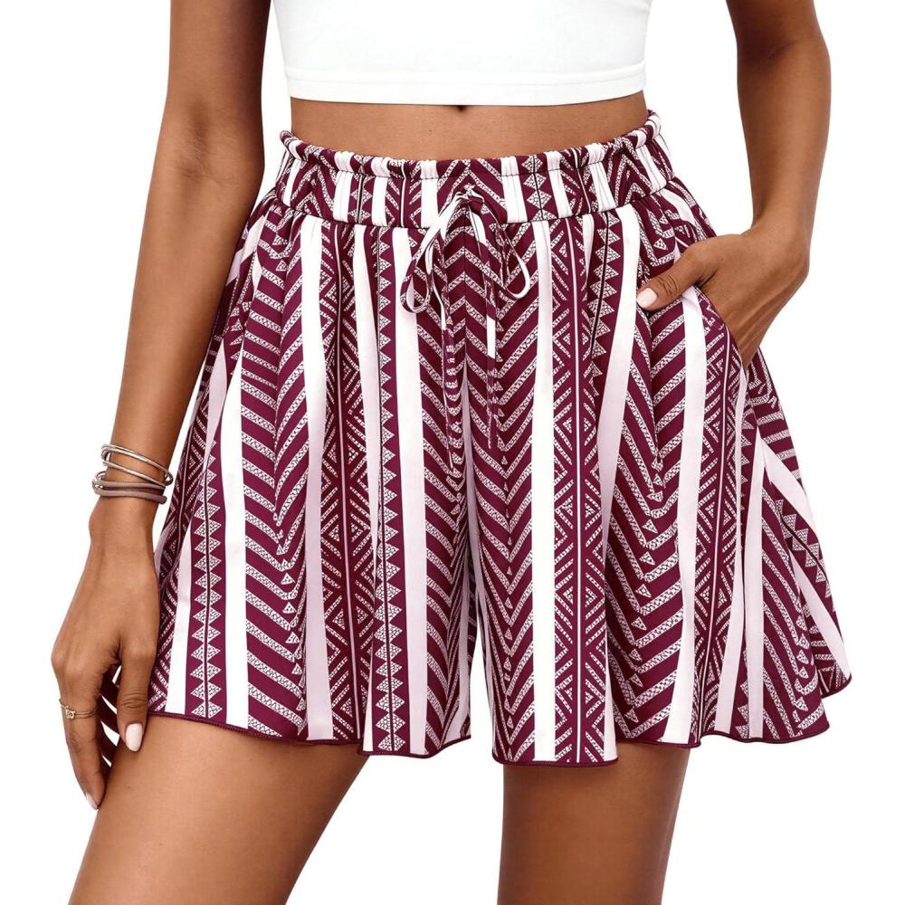 imagePRETTYGARDEN Womens Flowy Shorts Summer Fashion 2026 Beach Vacation Clothes Casual High Waist Wide Leg Ruffle ShortsPrint Burgundy White