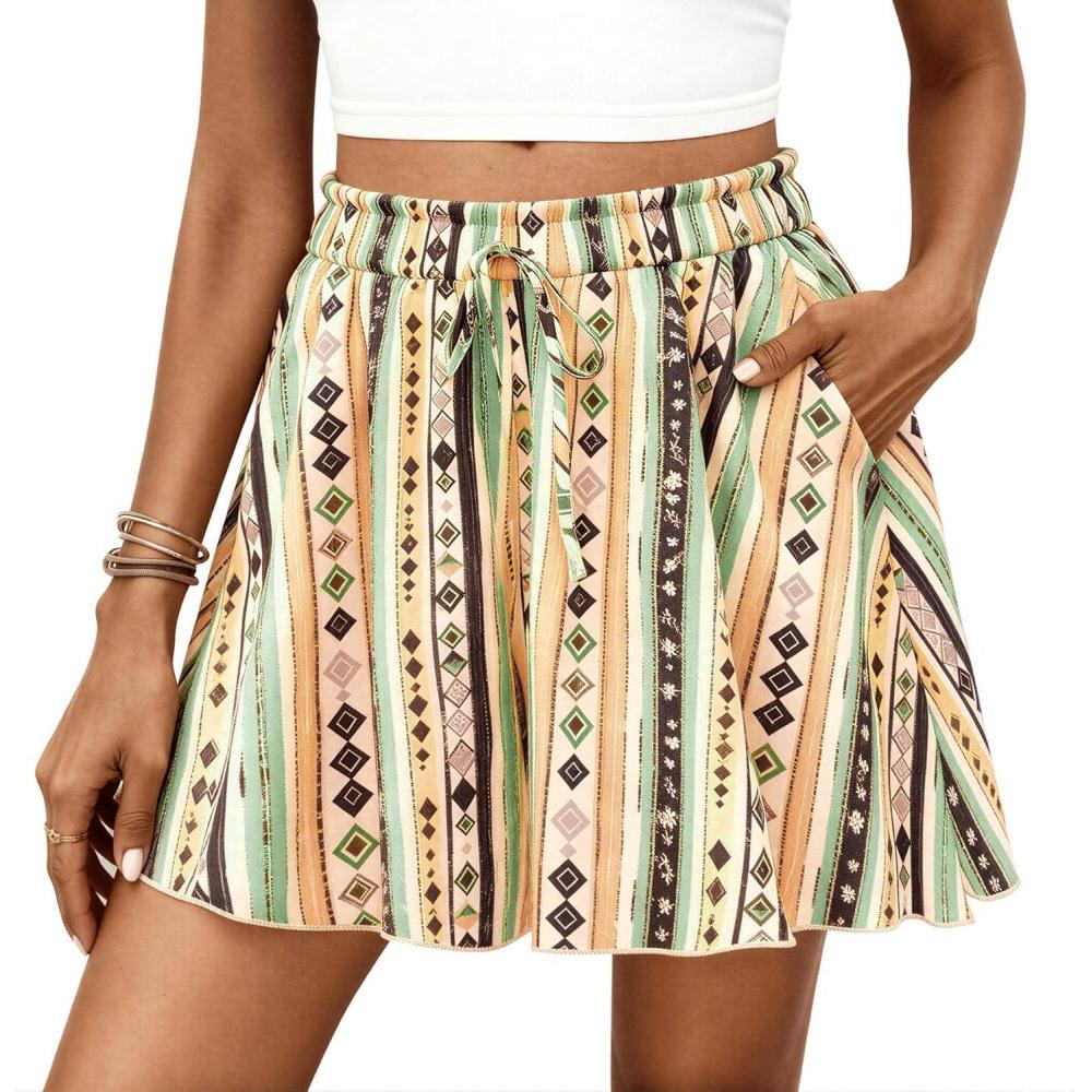 imagePRETTYGARDEN Womens Flowy Shorts Summer Fashion 2026 Beach Vacation Clothes Casual High Waist Wide Leg Ruffle ShortsPrint Green Yellow