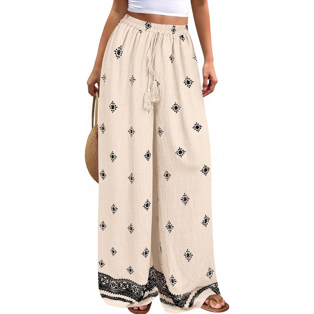 imagePRETTYGARDEN Womens Wide Leg Palazzo Pants 2026 Summer Boho Floral Trousers Spring Flowy Beach Vacation Clothes Resort WearApricot Black