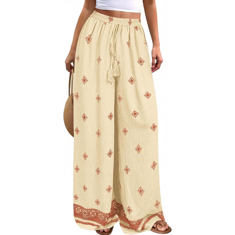 imagePRETTYGARDEN Womens Wide Leg Palazzo Pants 2026 Summer Boho Floral Trousers Spring Flowy Beach Vacation Clothes Resort WearLight Yellow Brick Red