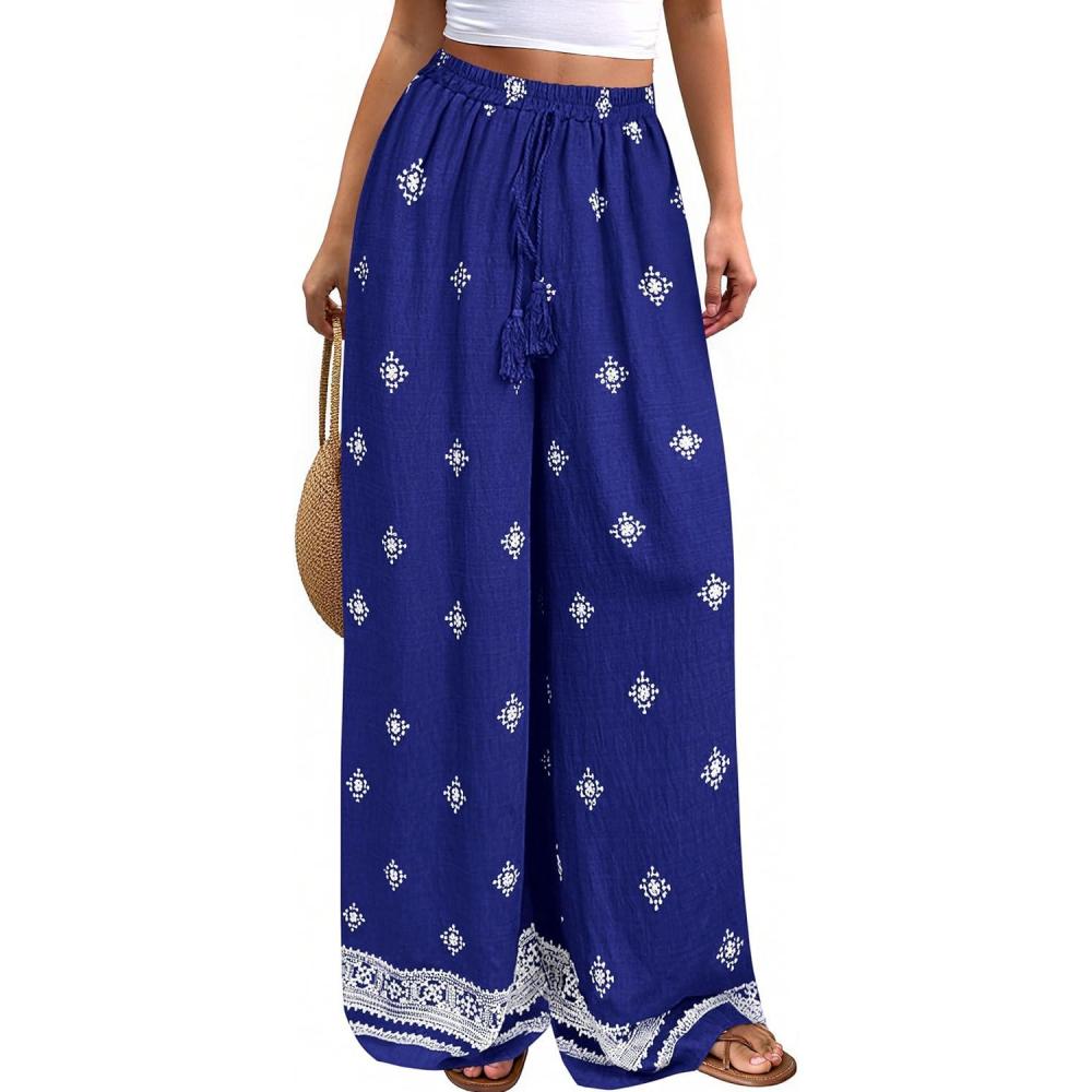 imagePRETTYGARDEN Womens Wide Leg Palazzo Pants 2026 Summer Boho Floral Trousers Spring Flowy Beach Vacation Clothes Resort WearRoyal Blue
