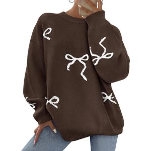 PRETTYGARDEN Fall Long Sleeve Pullover Sweaters for Women 2026 Trendy Crewneck Casual Cute Bow Chunky Knit Oversized Sweater(Brown)
