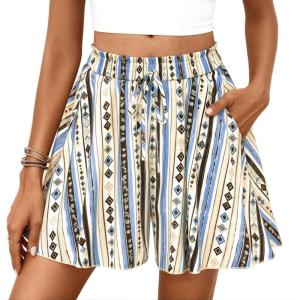 PRETTYGARDEN Women’s Flowy Shorts Summer Fashion 2026 Beach Vacation Clothes Casual High Waist Wide Leg Ruffle Shorts(Print Blue Apricot)