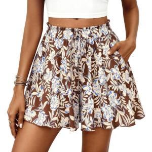 PRETTYGARDEN Women’s Flowy Shorts Summer Fashion 2026 Beach Vacation Clothes Casual High Waist Wide Leg Ruffle Shorts(Print Brown)