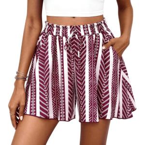 PRETTYGARDEN Women’s Flowy Shorts Summer Fashion 2026 Beach Vacation Clothes Casual High Waist Wide Leg Ruffle Shorts(Print Burgundy White)