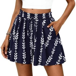 PRETTYGARDEN Women’s Flowy Shorts Summer Fashion 2026 Beach Vacation Clothes Casual High Waist Wide Leg Ruffle Shorts(Print Navy White)