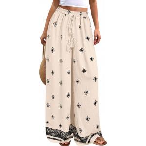 PRETTYGARDEN Women’s Wide Leg Palazzo Pants 2026 Summer Boho Floral Trousers Spring Flowy Beach Vacation Clothes Resort Wear(Apricot Black)