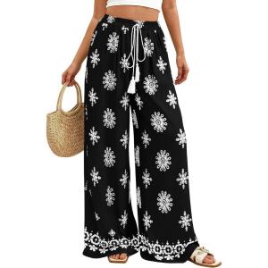 PRETTYGARDEN Women’s Wide Leg Palazzo Pants 2026 Summer Boho Floral Trousers Spring Flowy Beach Vacation Clothes Resort Wear(Black)