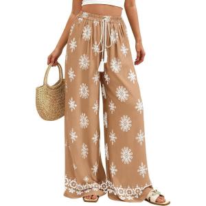 PRETTYGARDEN Women’s Wide Leg Palazzo Pants 2026 Summer Boho Floral Trousers Spring Flowy Beach Vacation Clothes Resort Wear(Khaki)