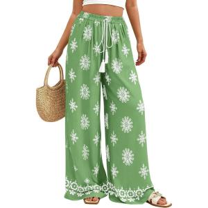 PRETTYGARDEN Women’s Wide Leg Palazzo Pants 2026 Summer Boho Floral Trousers Spring Flowy Beach Vacation Clothes Resort Wear(Light Green)
