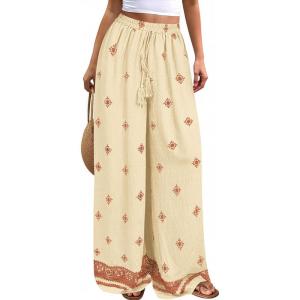PRETTYGARDEN Women’s Wide Leg Palazzo Pants 2026 Summer Boho Floral Trousers Spring Flowy Beach Vacation Clothes Resort Wear(Light Yellow Brick Red)