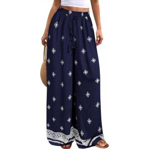 PRETTYGARDEN Women’s Wide Leg Palazzo Pants 2026 Summer Boho Floral Trousers Spring Flowy Beach Vacation Clothes Resort Wear(Navy Blue)