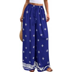 PRETTYGARDEN Women’s Wide Leg Palazzo Pants 2026 Summer Boho Floral Trousers Spring Flowy Beach Vacation Clothes Resort Wear(Royal Blue)