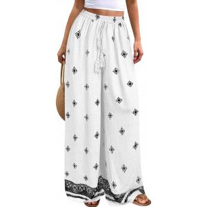 PRETTYGARDEN Women’s Wide Leg Palazzo Pants 2026 Summer Boho Floral Trousers Spring Flowy Beach Vacation Clothes Resort Wear(White Black)